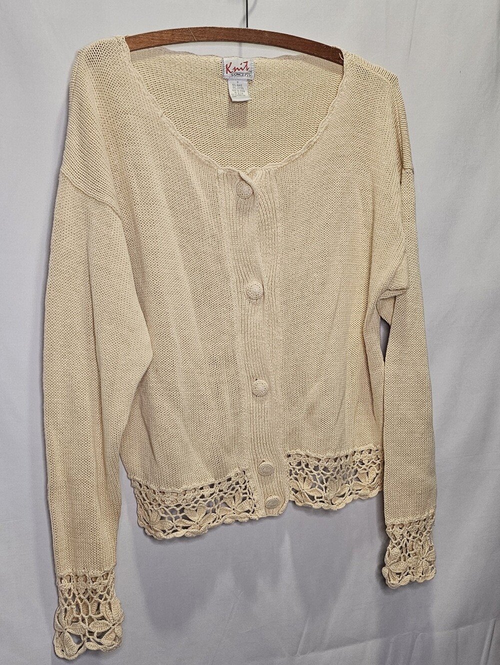 90s Vintage Knit Concepts Cream Cardigan With Crochet Trim